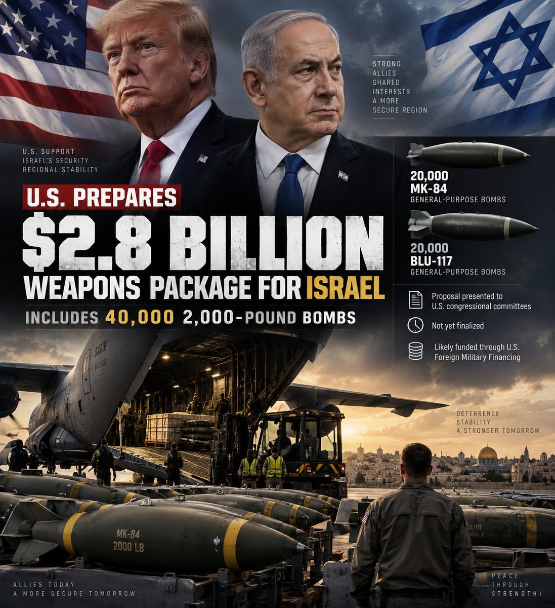 Trump administration prepares 2.8 billion dollar bomb arms package for Israel September 2026