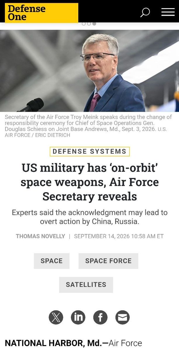 US confirms first deployment of on-orbit space control weapons in Earth orbit September 2026