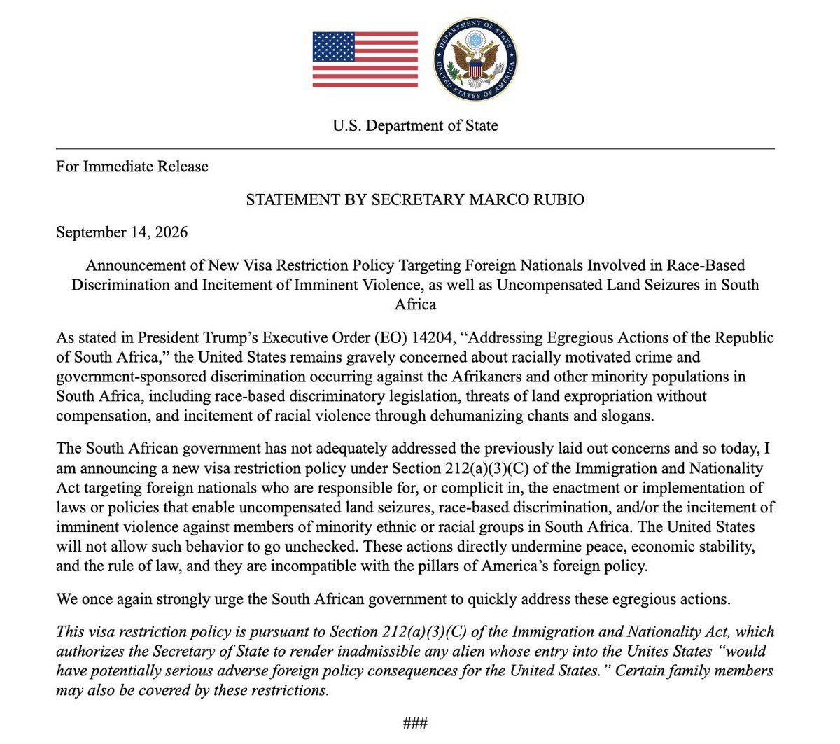 US announces visa restrictions on South African officials over discrimination claims September 2026