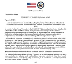 US announces visa restrictions on South African officials over discrimination claims September 2026